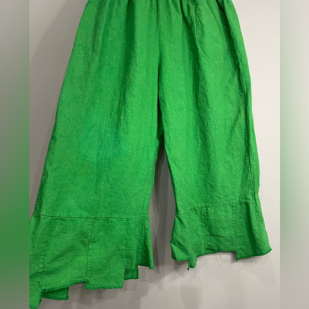 Green Lagenlook wide leg flare asymmetrical hem ankle pull on pants medium - Picture 2 of 10